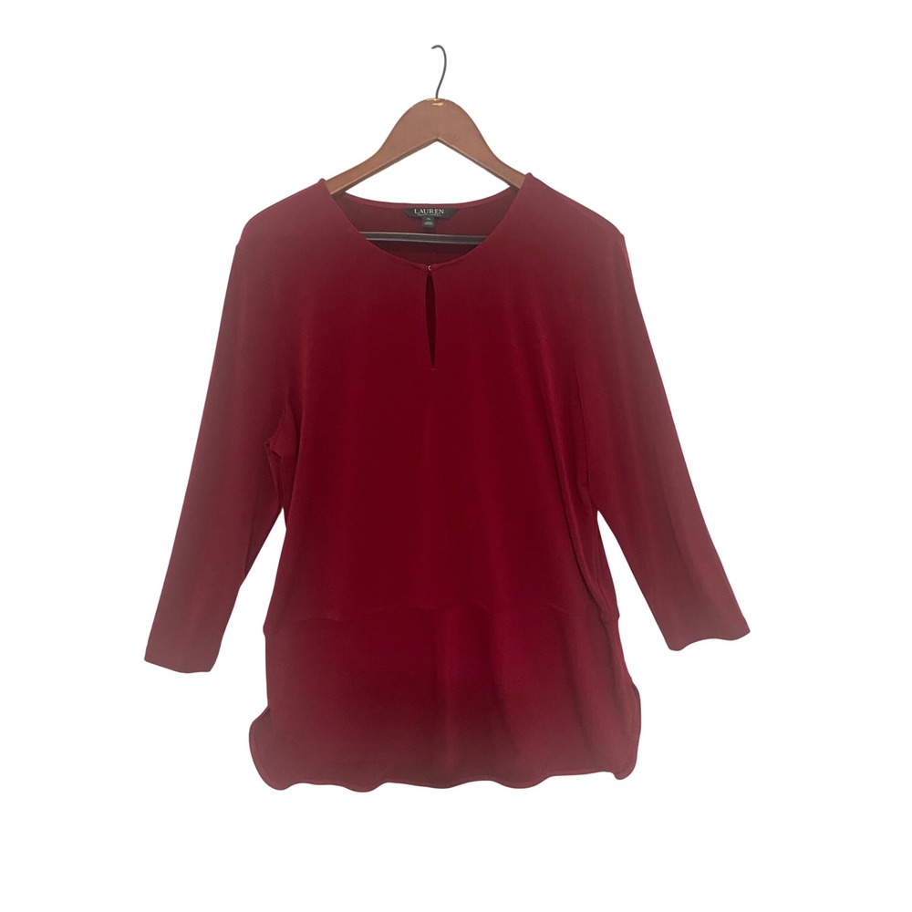 Lauren Ralph Lauren Burgundy Keyhole Neck‎ Long Sleeve Blouse XL Stretch Top